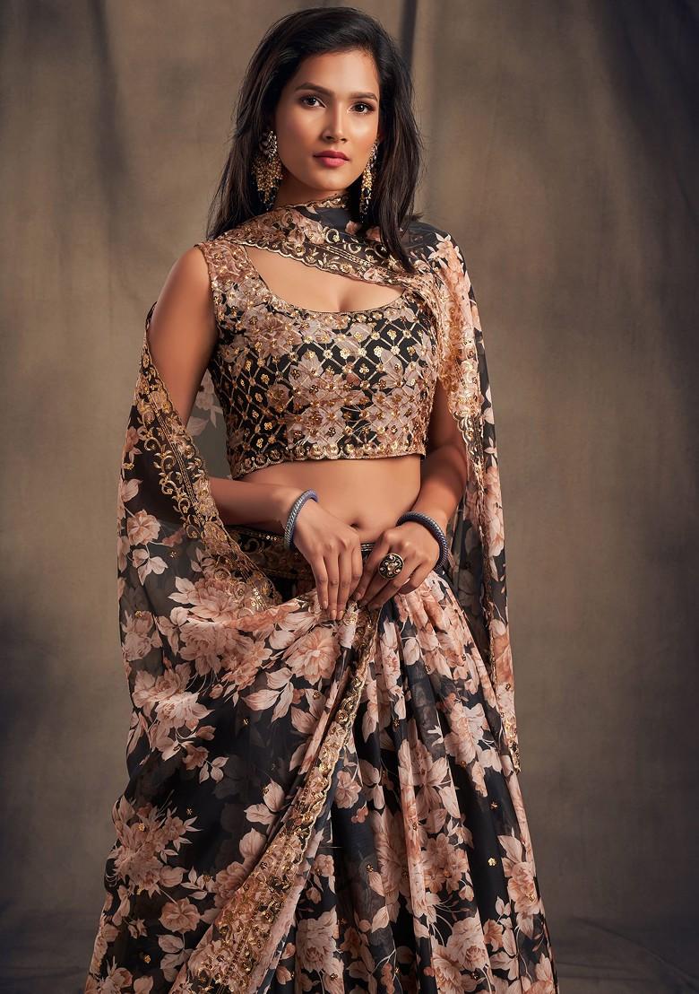 Black Floral Print Sequin Embroidered Lehenga Set - Indya
