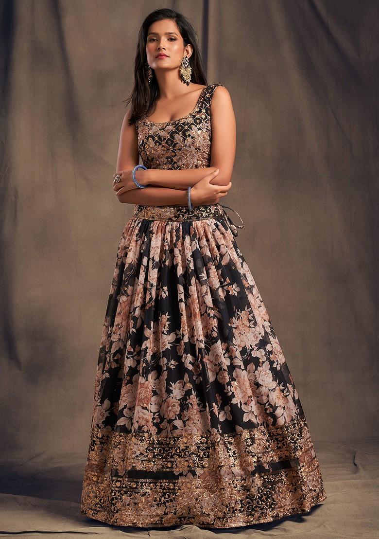 Black Floral Print Sequin Embroidered Lehenga Set