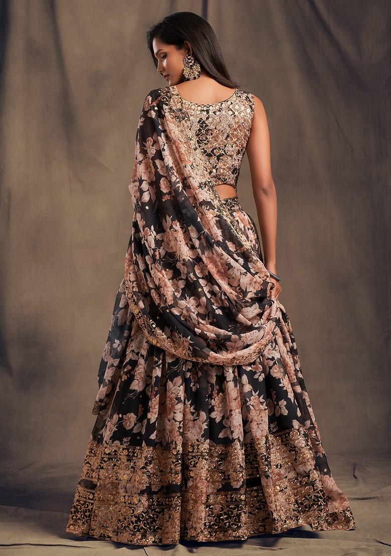 Black Floral Print Sequin Embroidered Lehenga Set - Indya