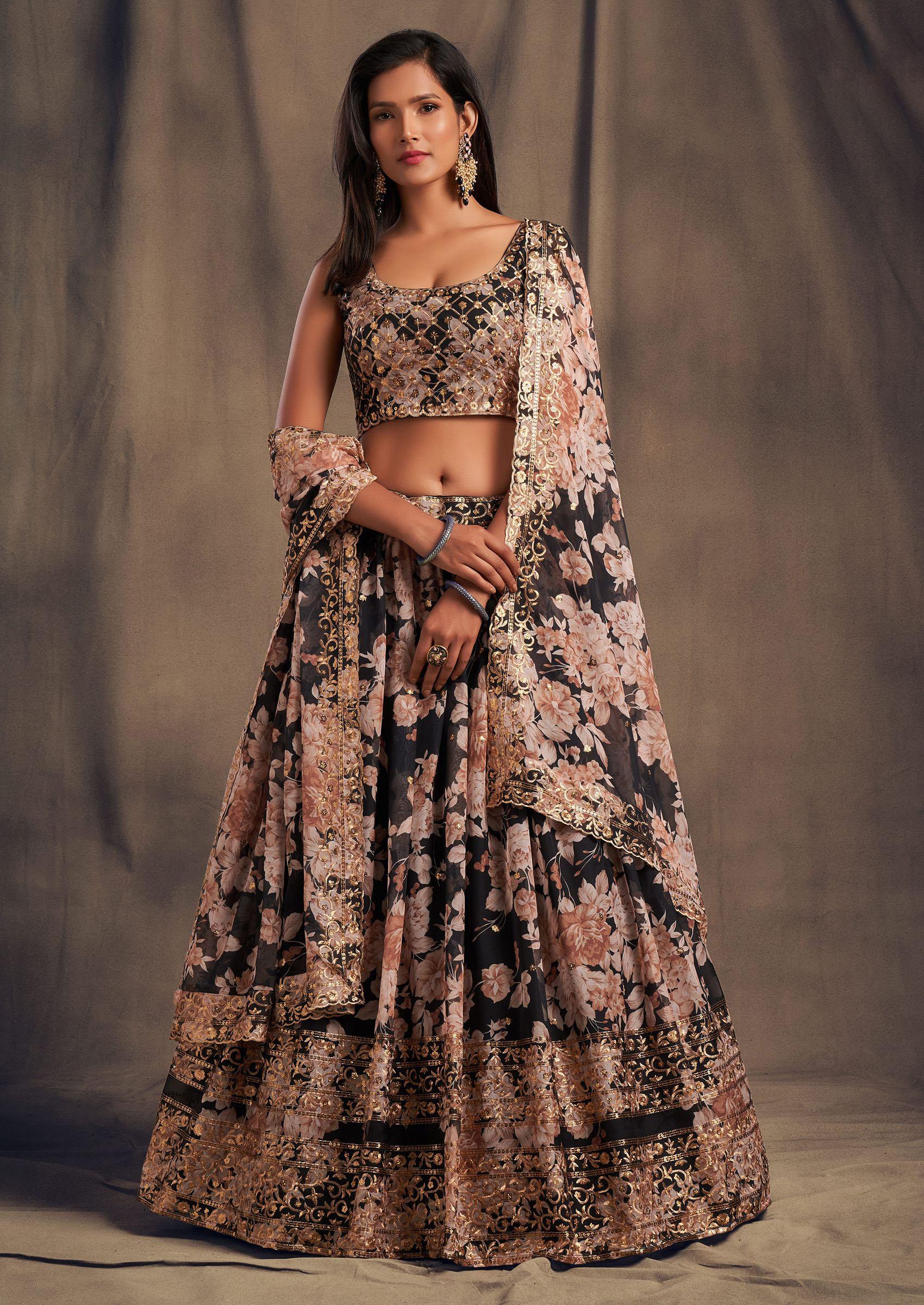 Black Floral Print Sequin Embroidered Lehenga Set - Indya