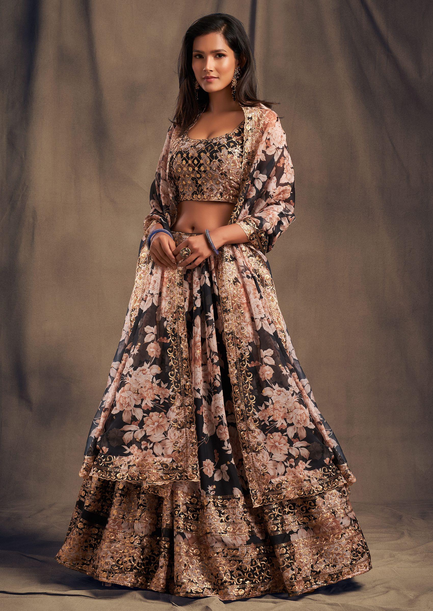 Black Floral Print Sequin Embroidered Lehenga Set - Indya