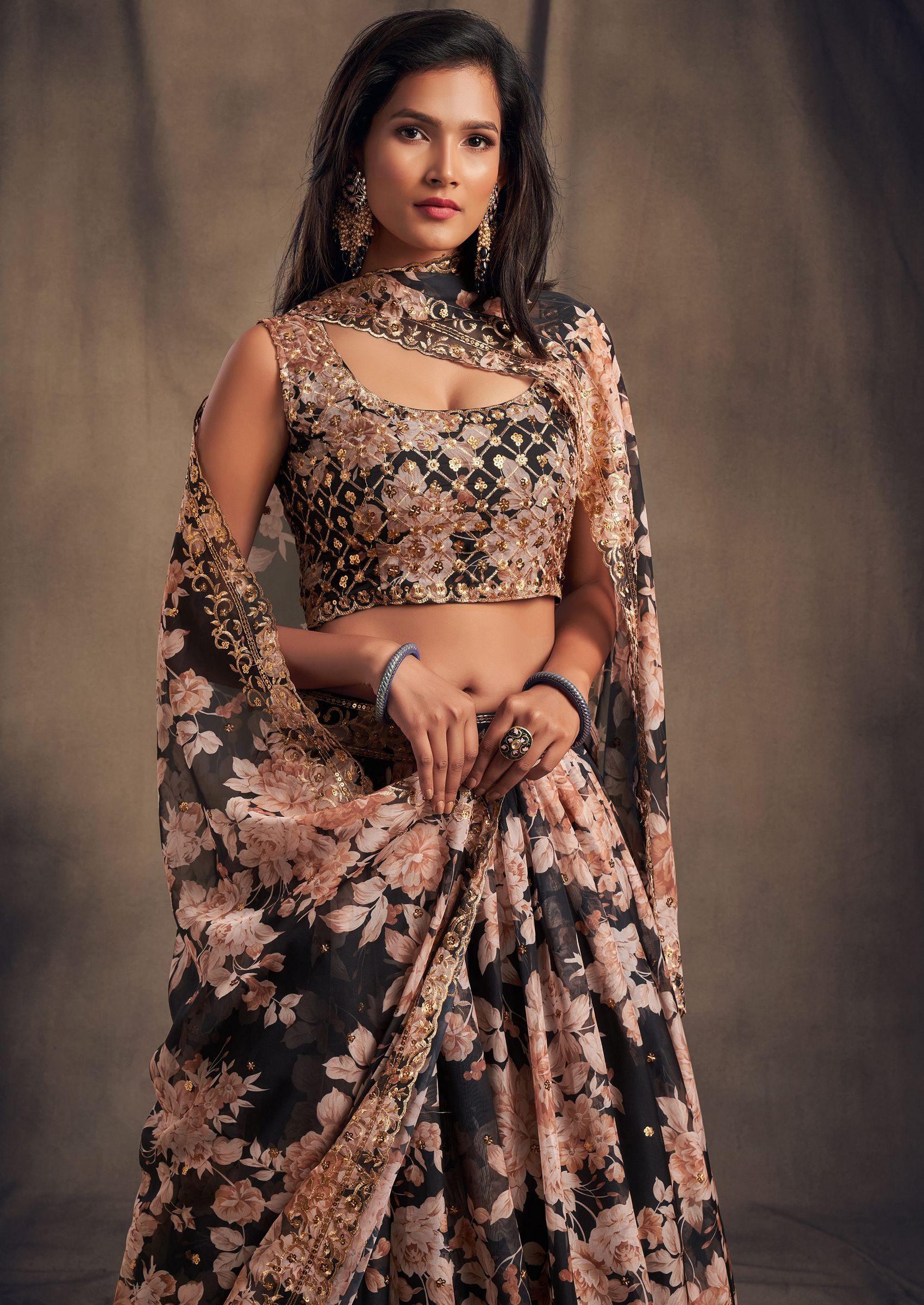 Black Floral Print Sequin Embroidered Lehenga Set - Indya