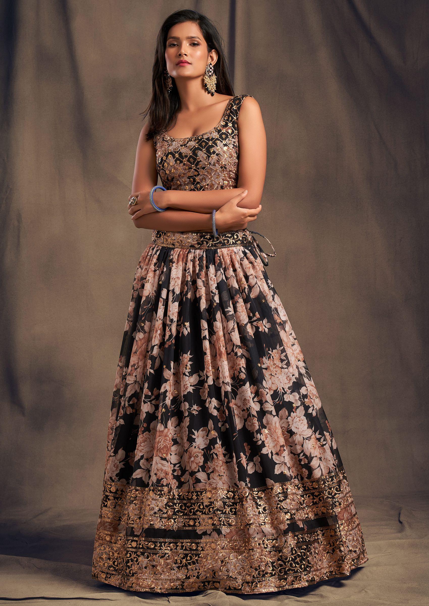 Black Floral Print Sequin Embroidered Lehenga Set - Indya