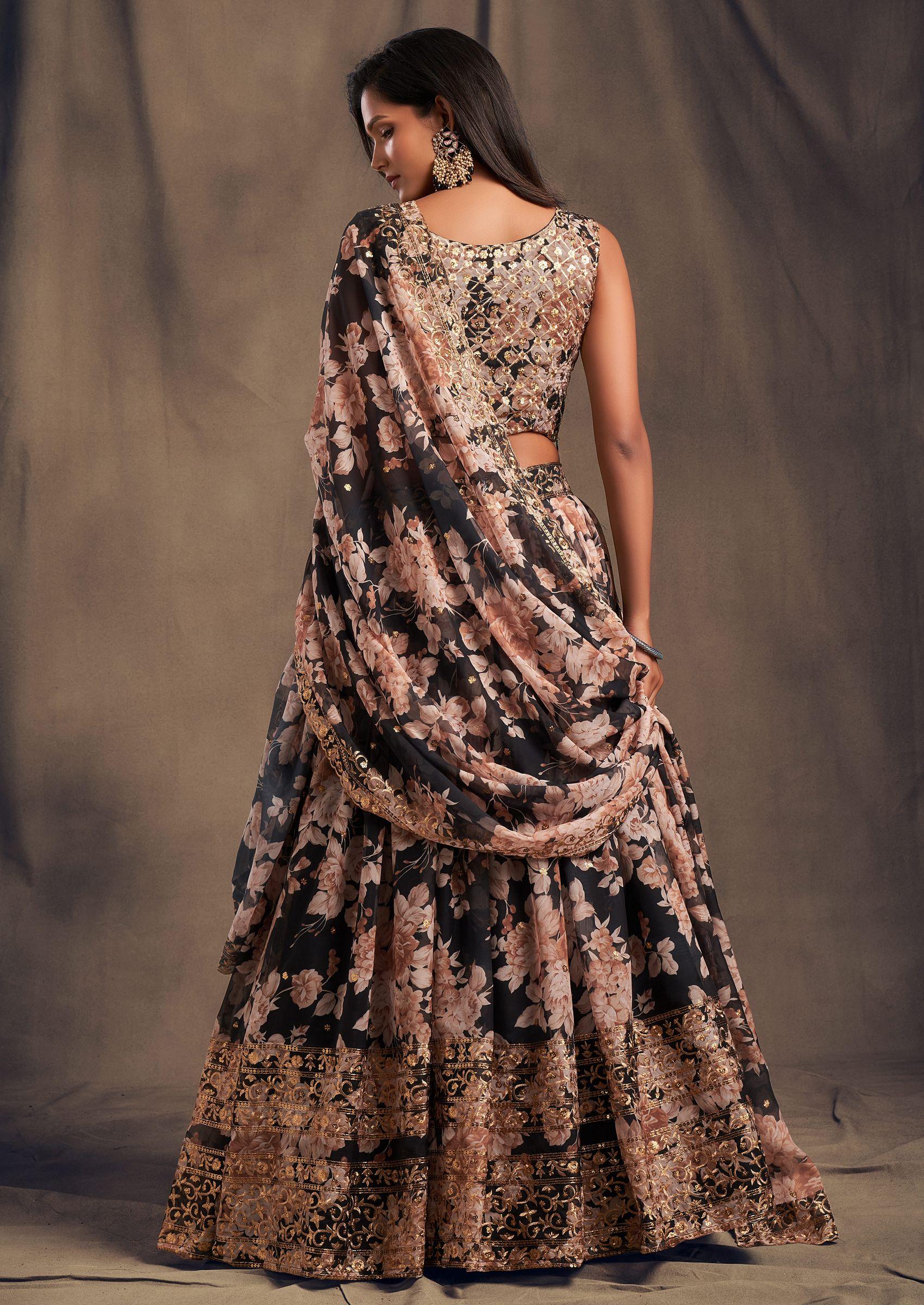 Black Floral Print Sequin Embroidered Lehenga Set - Indya