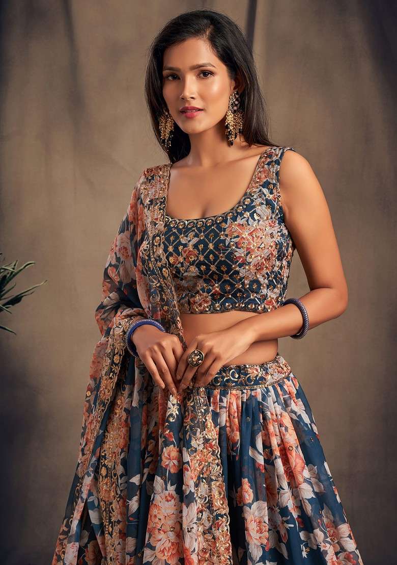 Dove Blue Lehenga Set with Floral Print & Embroidered for Diwali | Wedding & Festive Wear - Indya