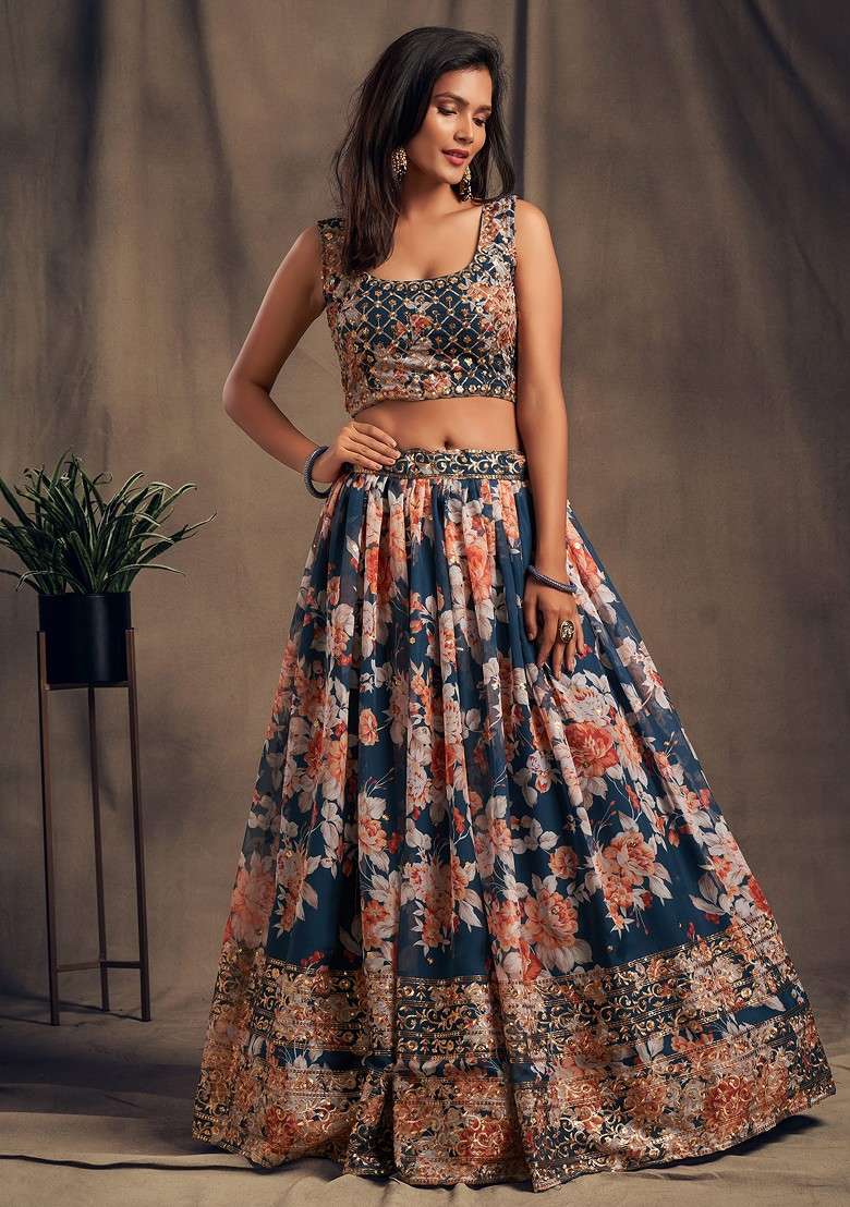 Dove Blue Lehenga Set with Floral Print & Embroidered for Diwali | Wedding & Festive Wear - Indya