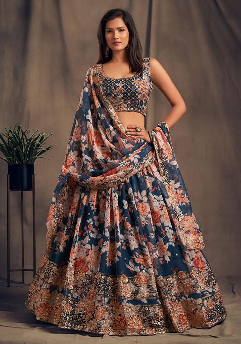 Dove Blue Floral Print Sequin Embroidered Lehenga Set