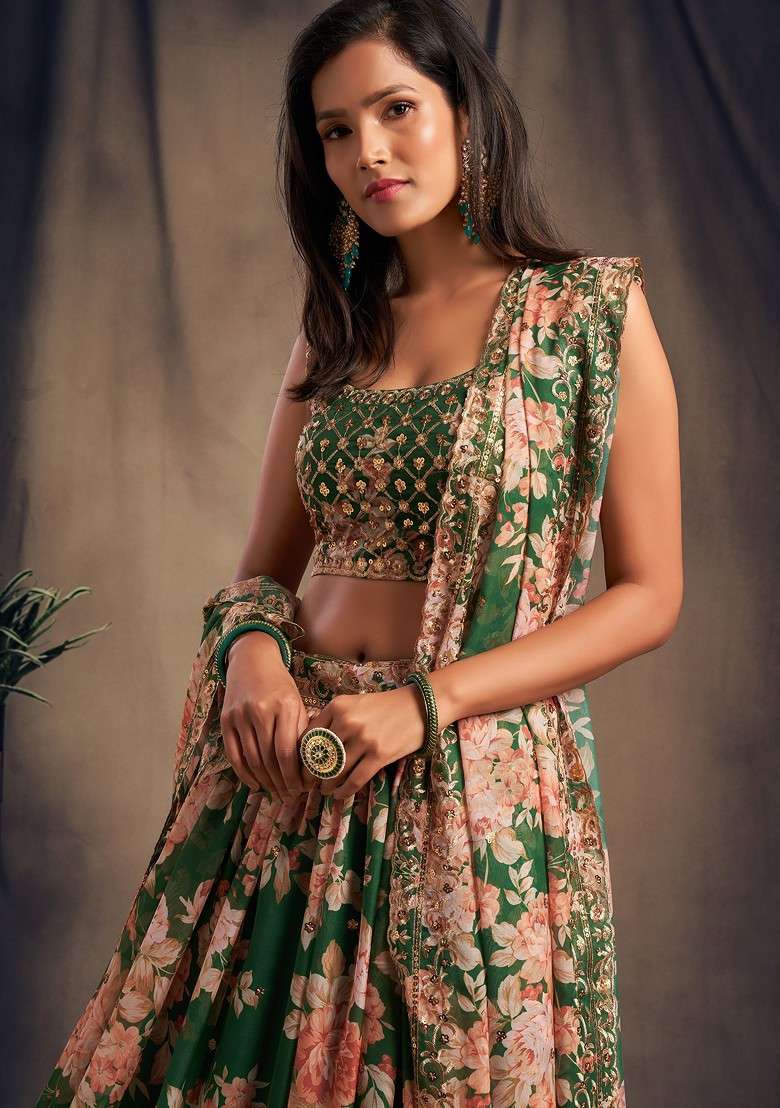 Green Lehenga Set with Floral Print & Embroidered for Diwali | Wedding & Festive Wear - Indya