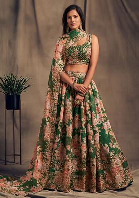 Teal Green Floral Print Sequin Embroidered Lehenga Set