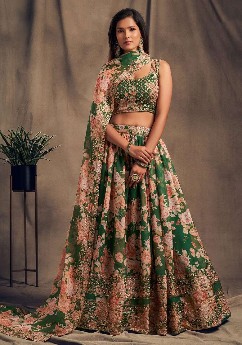 Teal Green Floral Print Sequin Embroidered Lehenga Set for Diwali and Festive Wear - Indya