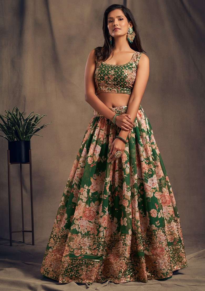 Teal Green Floral Print Sequin Embroidered Lehenga Set for Diwali and Festive Wear - Indya
