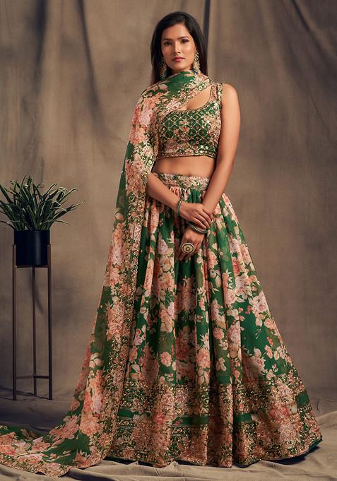 Teal Blue Floral Print Sequin Embroidered Lehenga Set