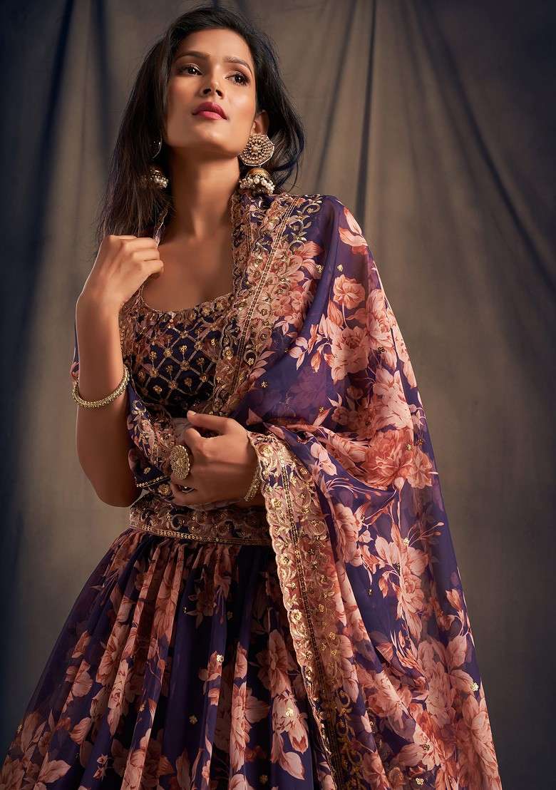 Purple Lehenga Set with Floral Print & Embroidered for Diwali | Wedding & Festive Wear - Indya