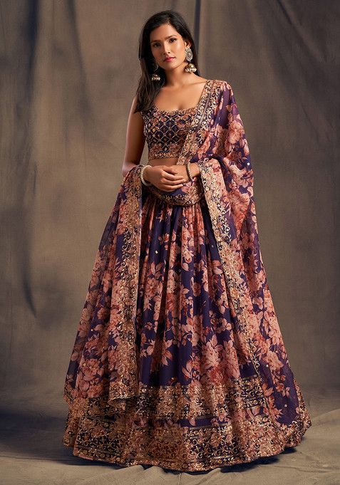 Purple Floral Print Sequin Embroidered Lehenga Set