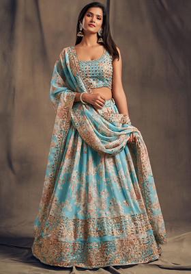 Sky Blue Floral Print Sequin Embroidered Lehenga Set
