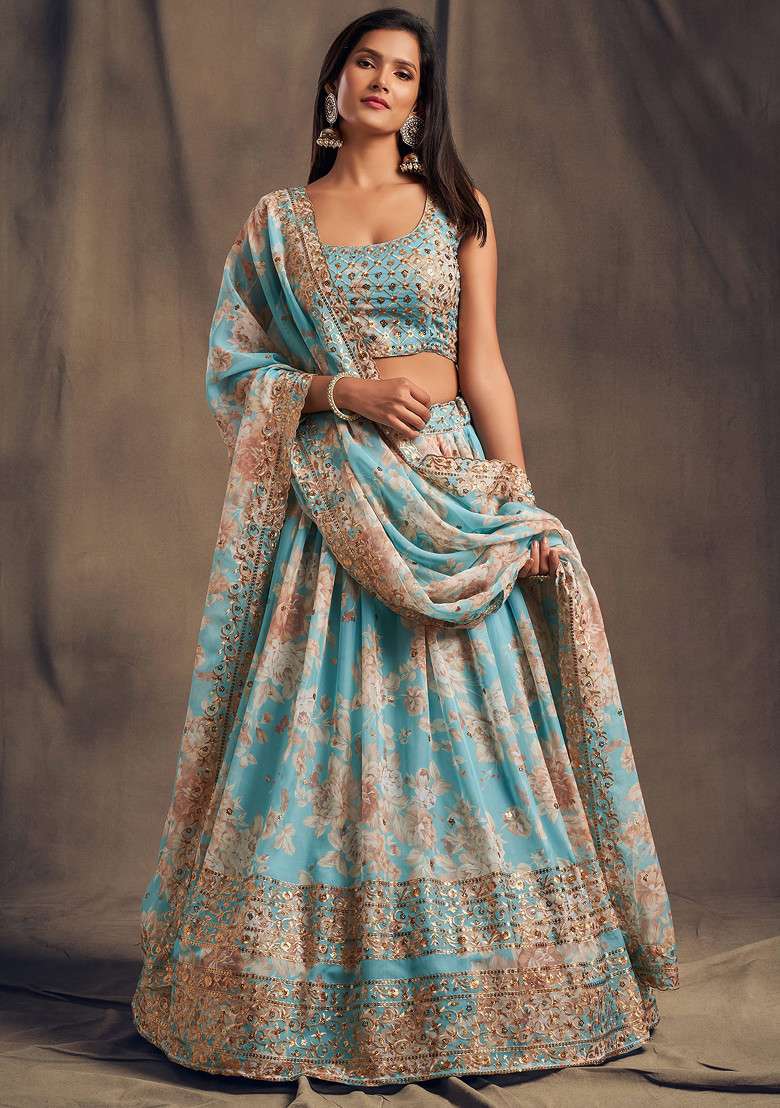 Sky Blue Lehenga Set with Floral Print & Embroidered for Diwali | Wedding & Festive Wear - Indya