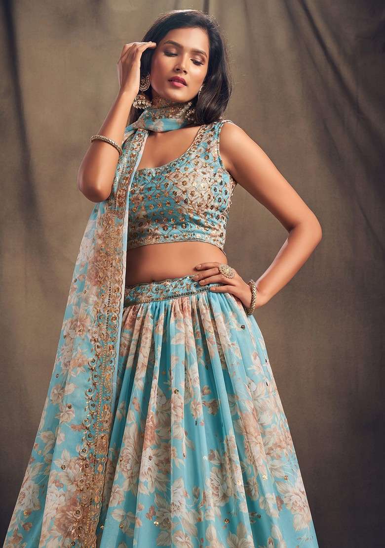 Sky Blue Lehenga Set with Floral Print & Embroidered for Diwali | Wedding & Festive Wear - Indya