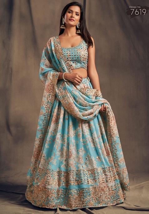 Sky Blue Floral Print Sequin Embroidered Lehenga Set