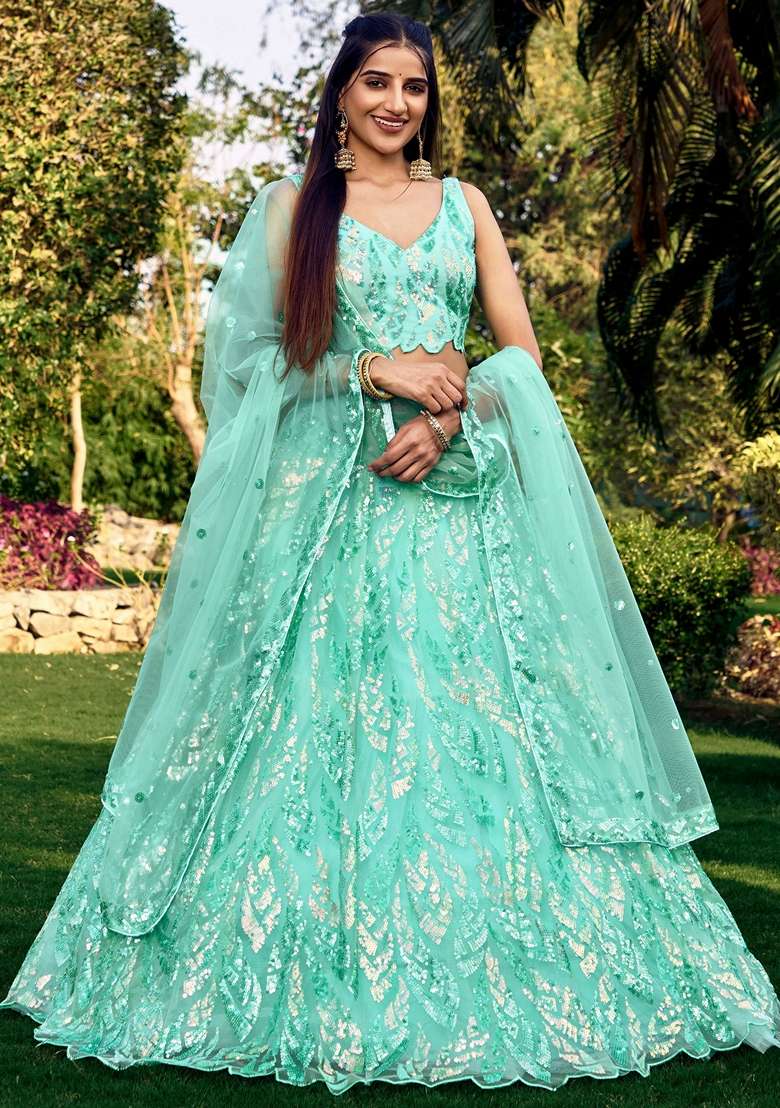 Blue Thread Sequin Embroidered Soft Net Lehenga Set for Diwali and Festive Wear - Indya