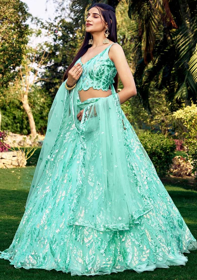 Blue Thread Sequin Embroidered Soft Net Lehenga Set for Diwali and Festive Wear - Indya