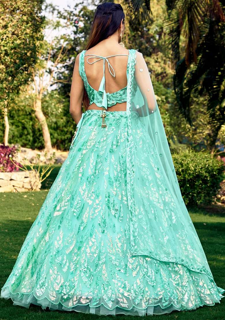 Blue Thread Sequin Embroidered Soft Net Lehenga Set for Diwali and Festive Wear - Indya