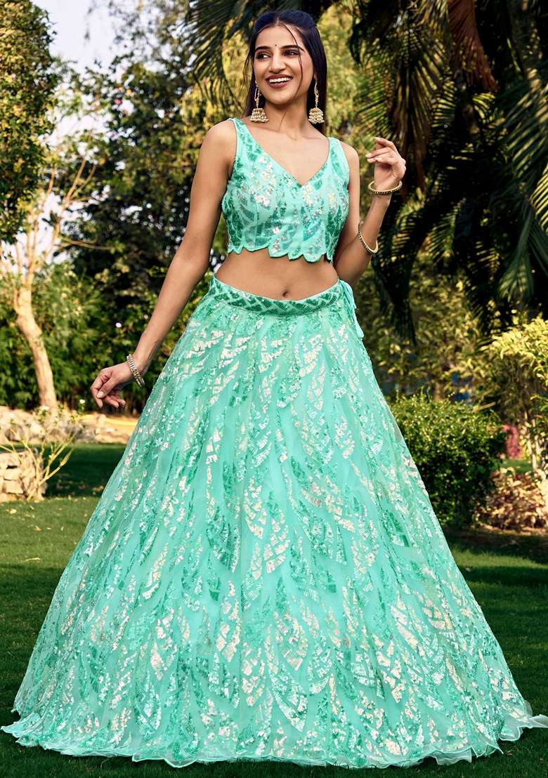 Blue Thread Sequin Embroidered Soft Net Lehenga Set for Diwali and Festive Wear - Indya