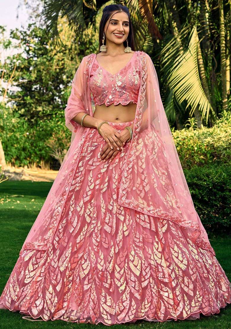 Pink Thread Sequin Embroidered Work Soft Net Lehenga Set for Diwali and Festive Wear - Indya