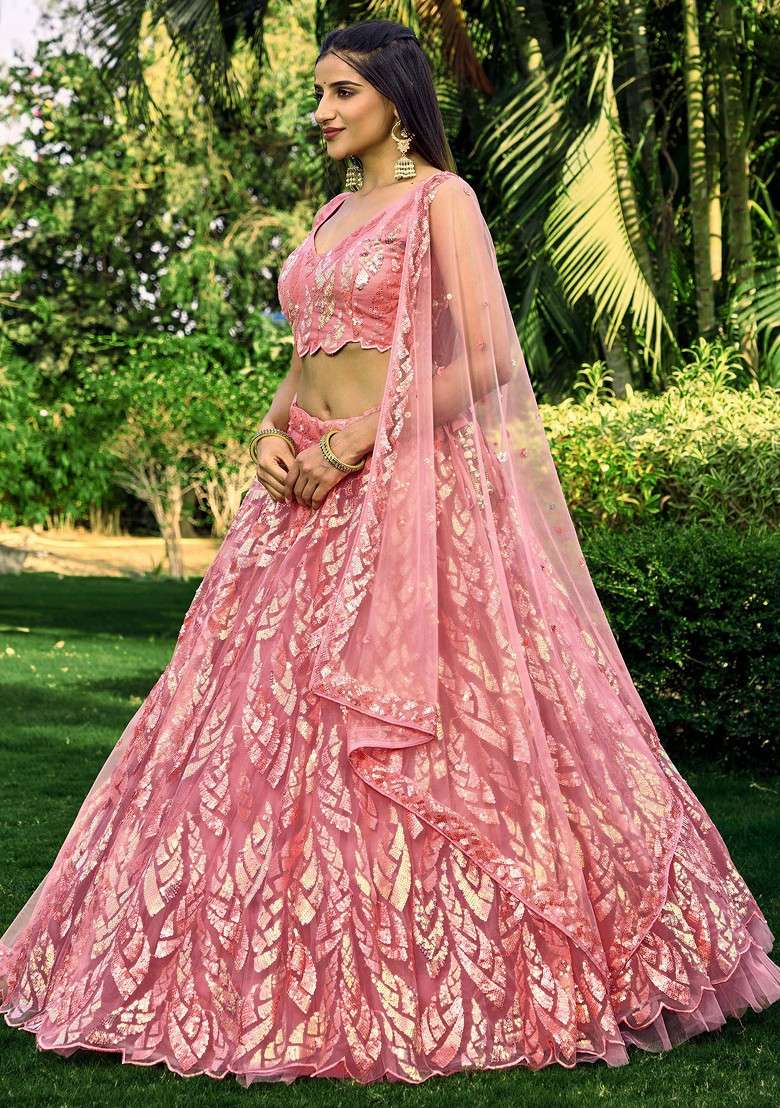 Pink Thread Sequin Embroidered Work Soft Net Lehenga Set for Diwali and Festive Wear - Indya