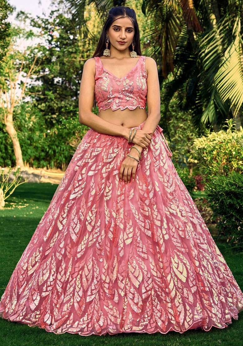 Pink Thread Sequin Embroidered Work Soft Net Lehenga Set for Diwali and Festive Wear - Indya