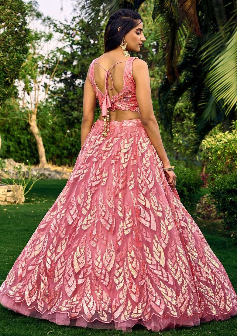 Pink Thread Sequin Embroidered Work Soft Net Lehenga Set for Diwali and Festive Wear - Indya