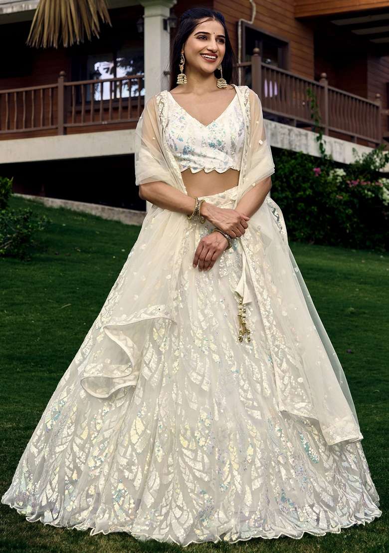 White Thread Soft Net Lehenga Set with Embroidered & Sequin for Diwali | Wedding & Festive Wear - Indya