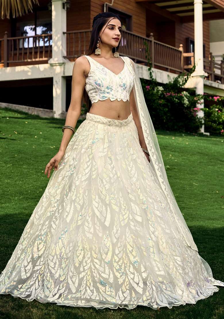 White Thread Soft Net Lehenga Set with Embroidered & Sequin for Diwali | Wedding & Festive Wear - Indya