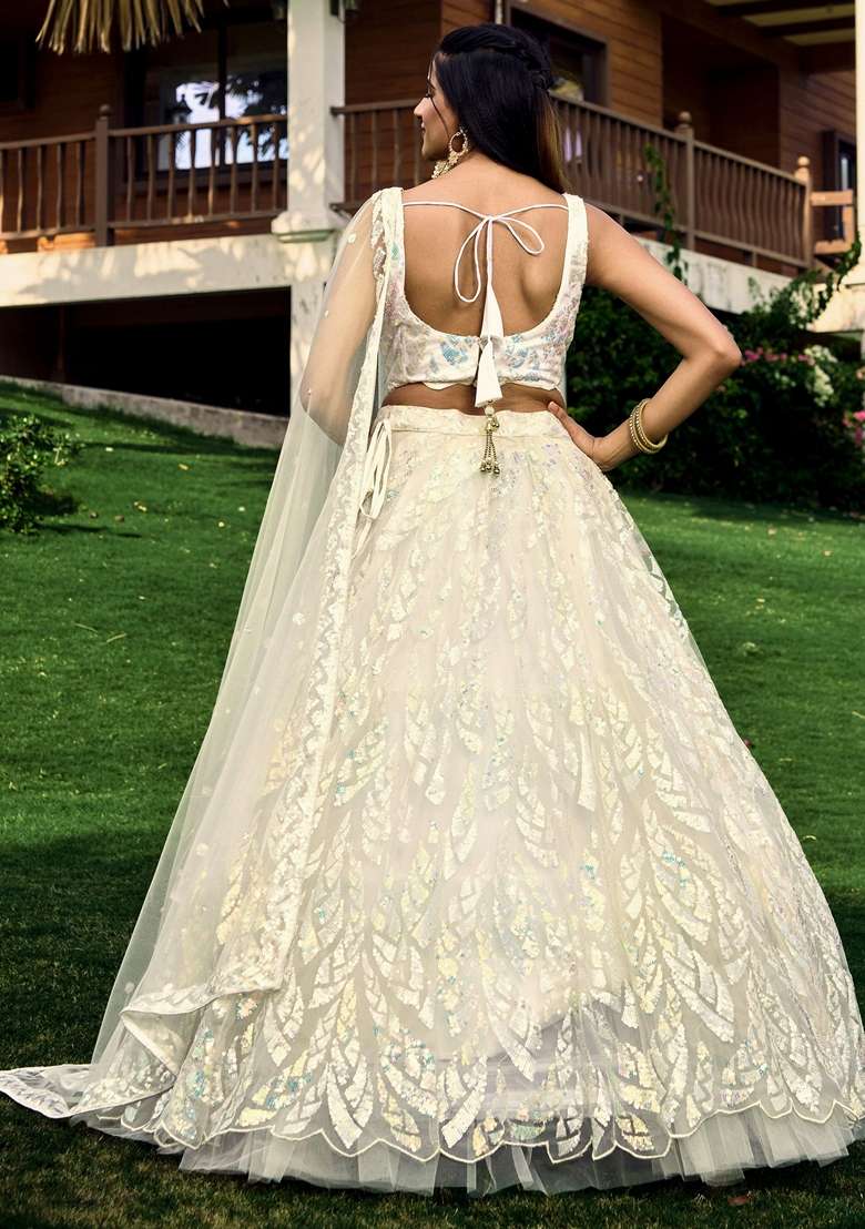 White Thread Soft Net Lehenga Set with Embroidered & Sequin for Diwali | Wedding & Festive Wear - Indya