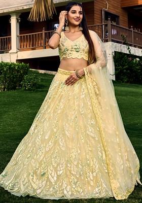 Yellow Thread Sequin Embroidered Soft Net Lehenga Set
