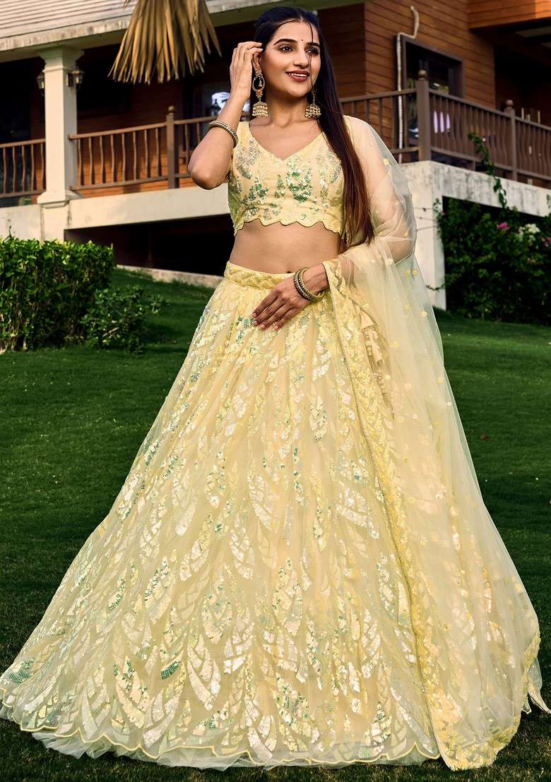 Yellow Thread Sequin Embroidered Soft Net Lehenga Set for Diwali and Festive Wear - Indya