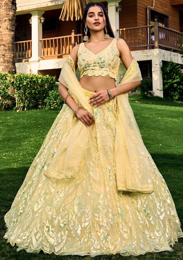 Yellow Thread Sequin Embroidered Soft Net Lehenga Set for Diwali and Festive Wear - Indya