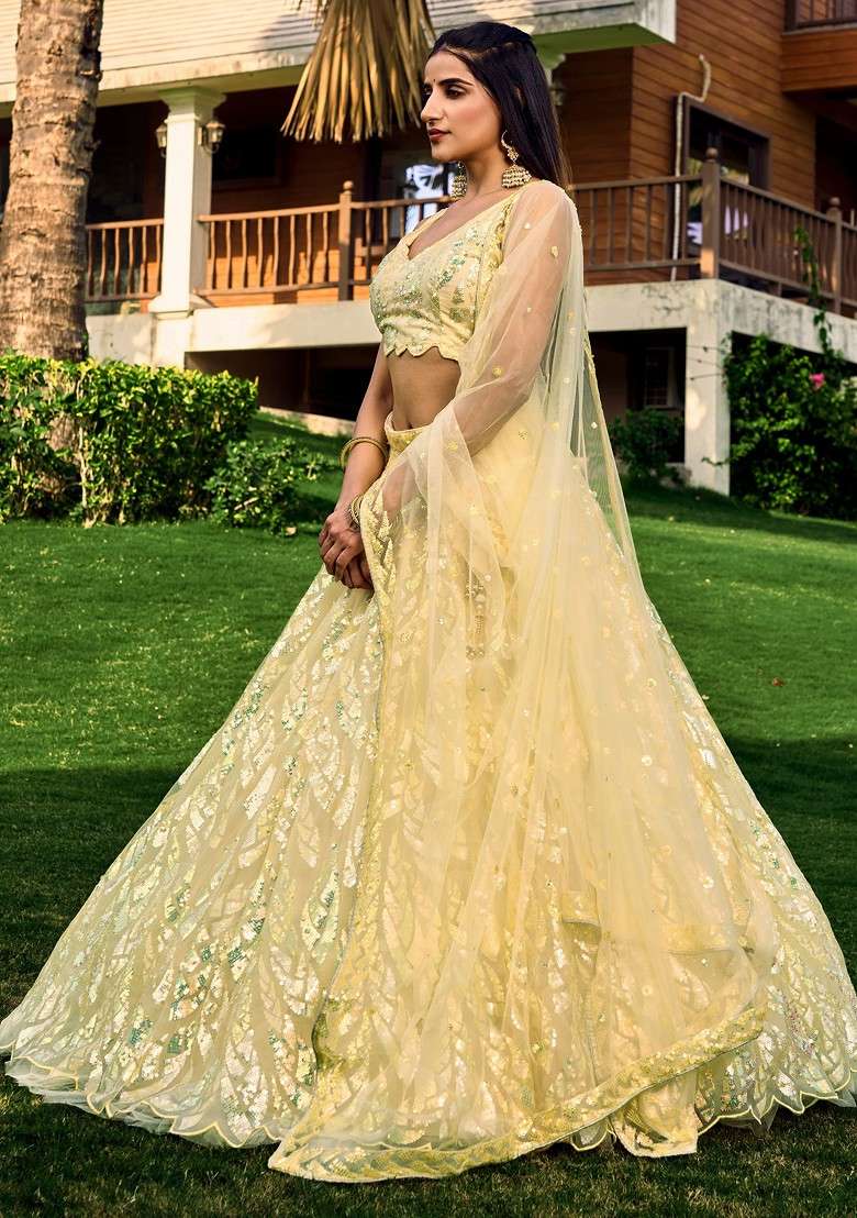 Yellow Thread Sequin Embroidered Soft Net Lehenga Set for Diwali and Festive Wear - Indya