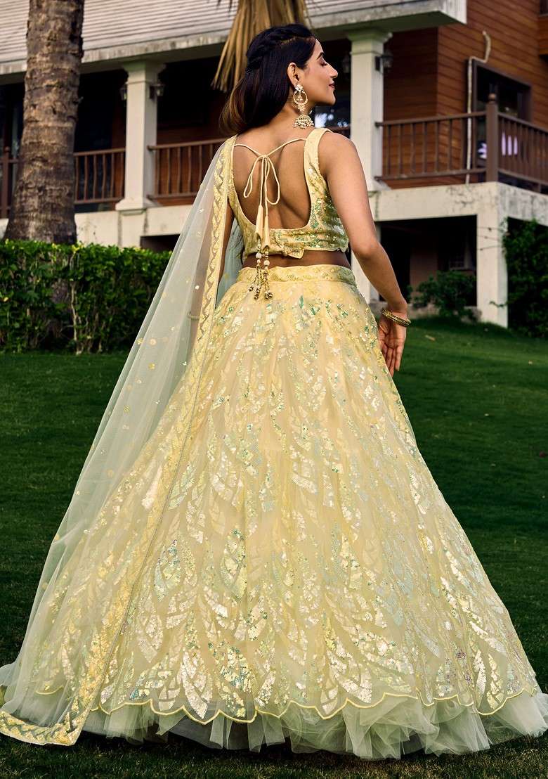 Yellow Thread Sequin Embroidered Soft Net Lehenga Set for Diwali and Festive Wear - Indya