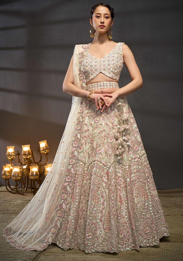 Cream Sequin Zari Embroidered Net Lehenga Set