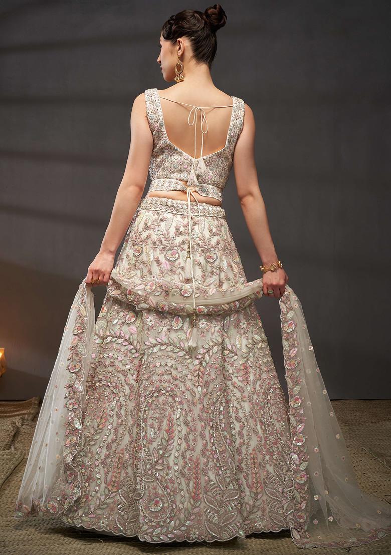 Cream Sequin Zari Embroidered Net Lehenga Set