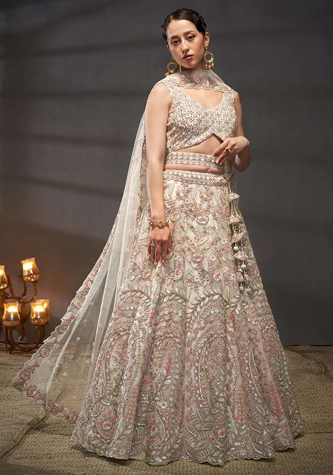 Cream Sequin Zari Embroidered Net Lehenga Set