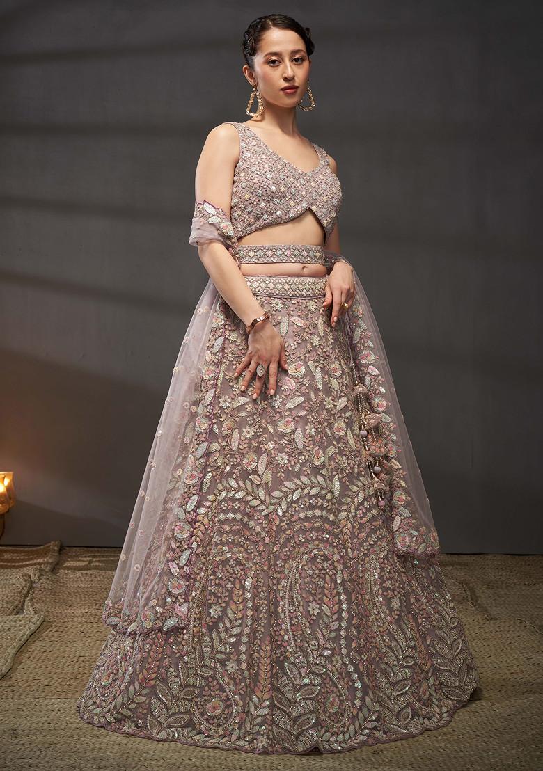 Mauve Sequin Zari Embroidered Net Lehenga Set