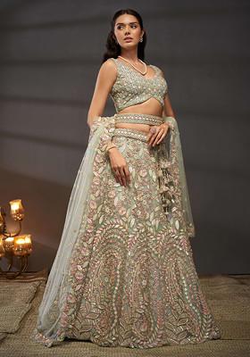 Sea Green Sequin Zari Embroidered Net Lehenga Set