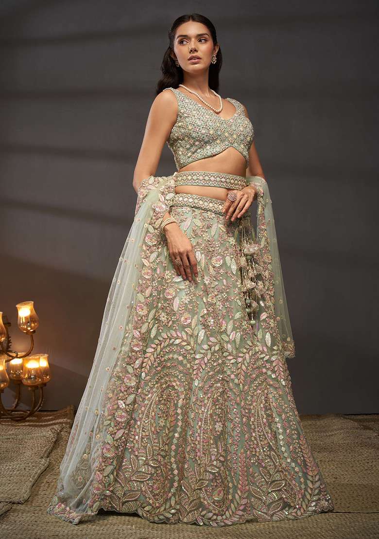Sea Green Sequin Zari Embroidered Net Lehenga Set - Indya