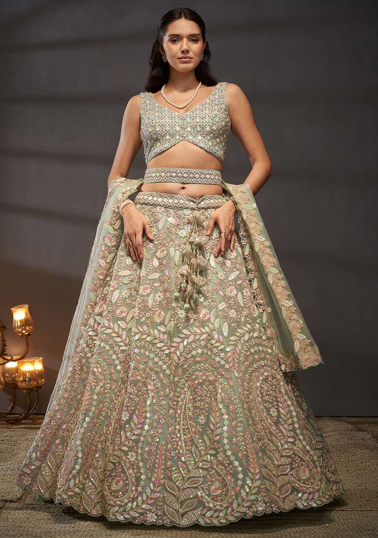 Sea Green Sequin Zari Embroidered Net Lehenga Set - Indya