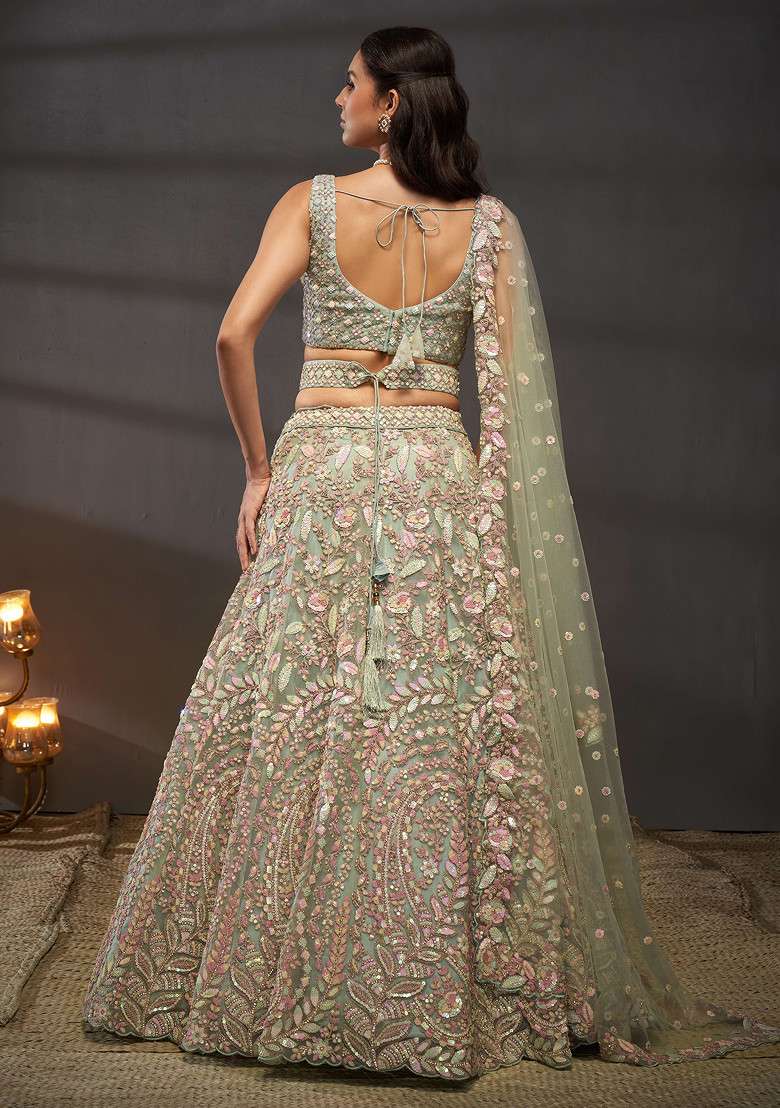Sea Green Sequin Zari Embroidered Net Lehenga Set - Indya