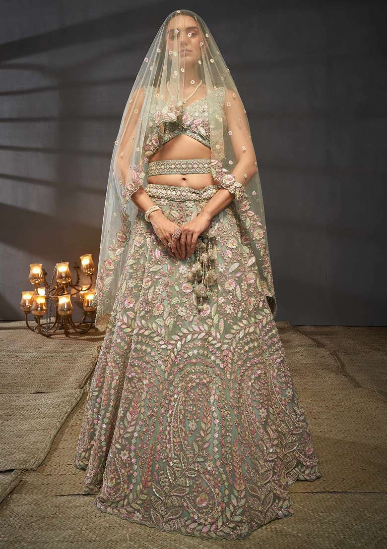Sea Green Sequin Zari Embroidered Net Lehenga Set - Indya