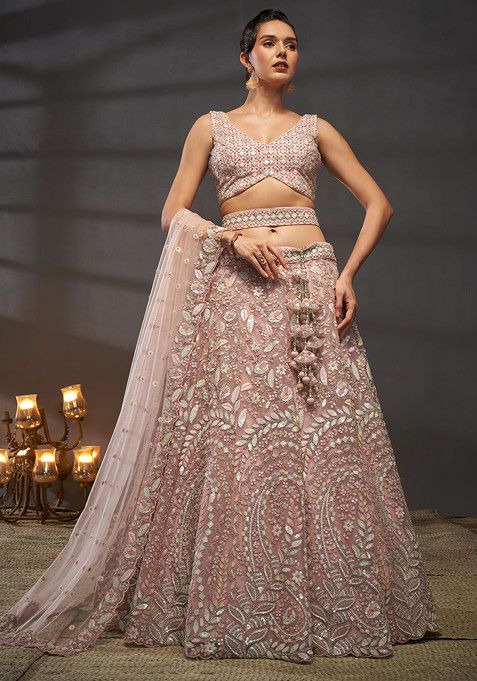 Pink Sequin Zari Embroidered Net Lehenga Set