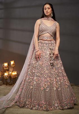 Mauve Zari Embroidered Net Lehenga Set
