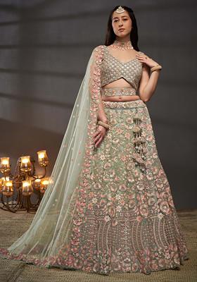 Sea Green Zari Embroidered Net Lehenga Set